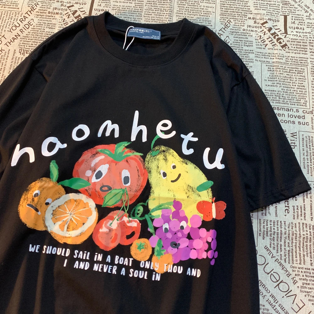 American Retro Fruit Print Round Neck Short Sleeved Tshirt For Women And Men Trendy Loose Versatile Couple Half Tee 240420