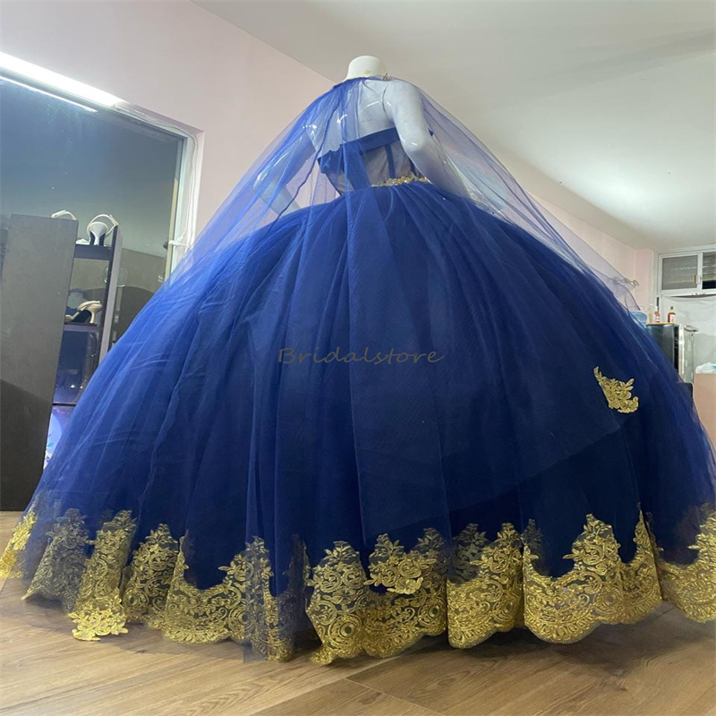 Masquerade Blue Quinceanera Dresses With Cape 2024 Sweetheart Beaded Vestidos De Xv 15 Anos Gold Appliques Fifteen Brithday Dress Gorgeous Sweet 16 Pa