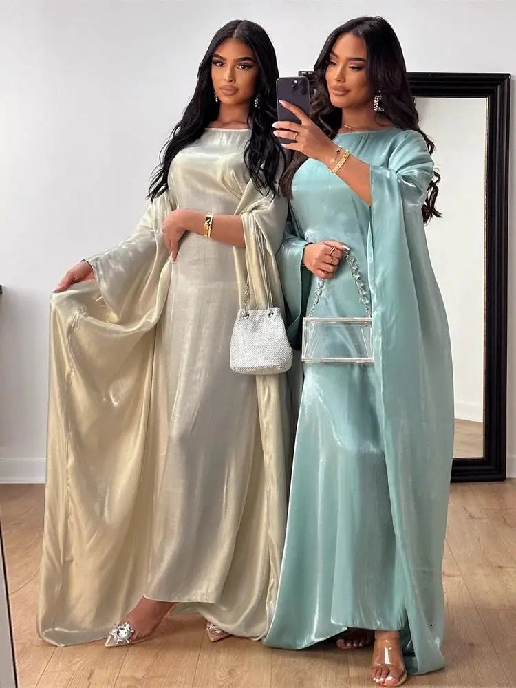 Batwing Butterfly Sleeve Satin Khimar Abaya Dubai Muslim Maxi Dress Kaftan Abayas For Women Ka Caftan Robe Femme Vestidos 240506