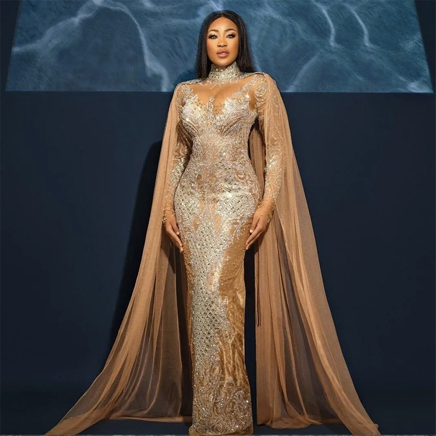 Dresses Chic Evening For Women 2024 Bride Prom Gowns With Cape Lace Long Sleeved Arabian Formal Dress Mal 6660306