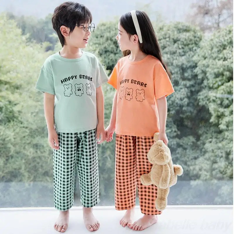 Thiny Yellow Brown Plaid Kids Pajamas Set for Baby Boys Girl 1 to 2 3 4 5 6 7 8 9 10 11 12 Year Plain Children Clothes Homewear 240506