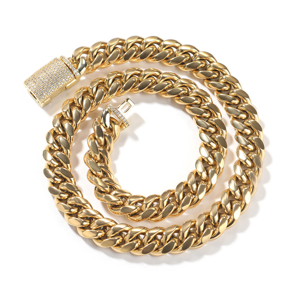 8-12mm Hip Hop Stainless Steel Miami Cuban Chain Bracelet Zircon Clasp Mens Necklace Jewelry