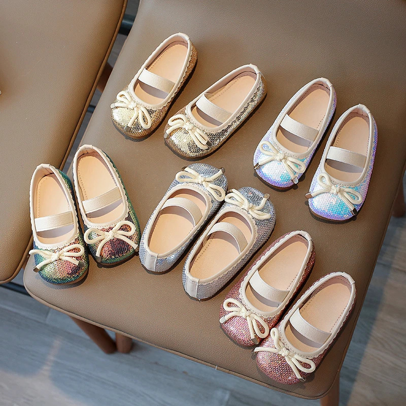 Girls Flat Shoes Sequins Bowknot Elastic Band Four Seasons Children Princess Shoe Square Toe 21-35 Six Colors Lovely Kids Shoe 240506