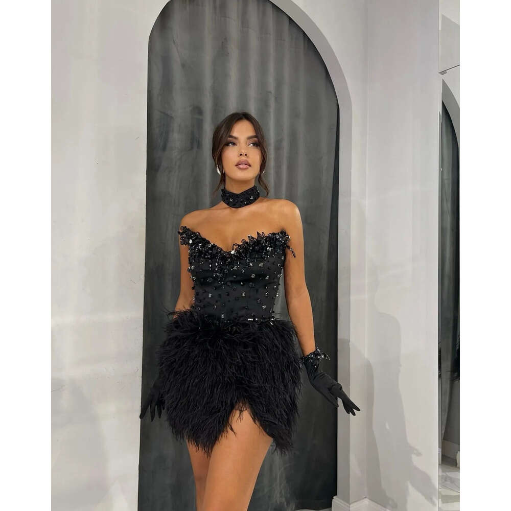 Prom Beads Gorgeous Sweetheart Dresses Sexy Sleeveless Sequins Applicant Feathers On Zipper Knee-Length Custom Made Party Dress Vestido De Noite Lz030