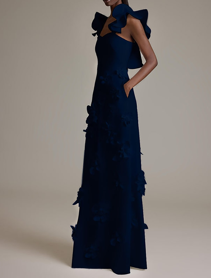 Solid Column Prom Dresses Square Sleeveless Floor Length Taffeta Hand Made Flowers Draped Ruffle Celebrity Evening Dresses Plus Size Custom Made B5010