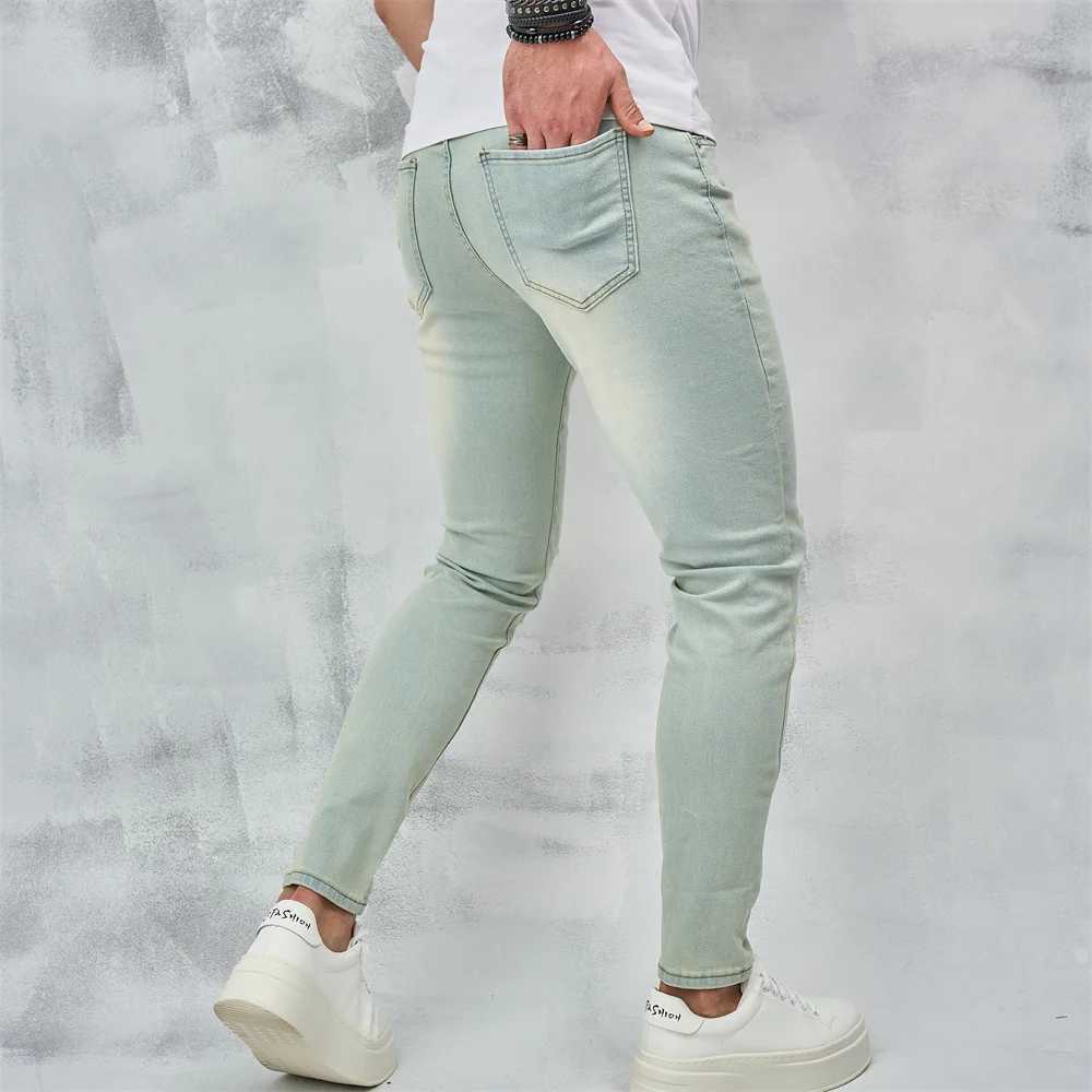 Men's Jeans Vintage Blue Simple Solid Holes Skinny Men Jeans Trousers Stylish Ripped Stretch Male Cotton Casual Denim Pants Y240507
