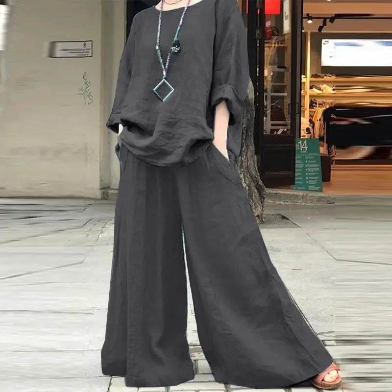 Female Suit Spring Summer Long Sleeve Oneck Top And Wide Leg Pant Two Piece Sets Fashion Casual Loose Solid For Women 240423