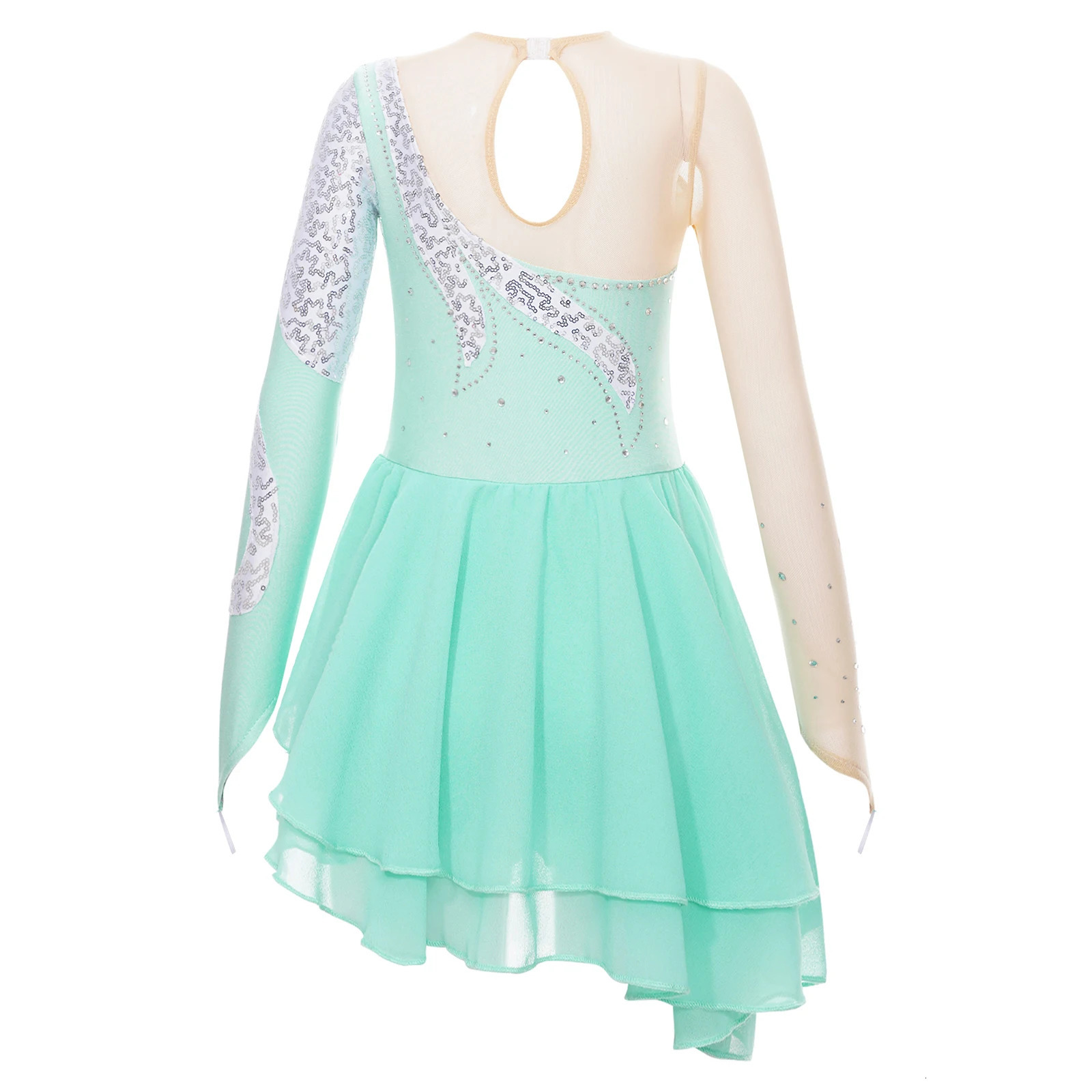 Kids Girls Figure Ice Skating Dress Long Sleeve Floral Sequin Tutu Ballet Gymnastics Leotards Stage Performance Costume 240420