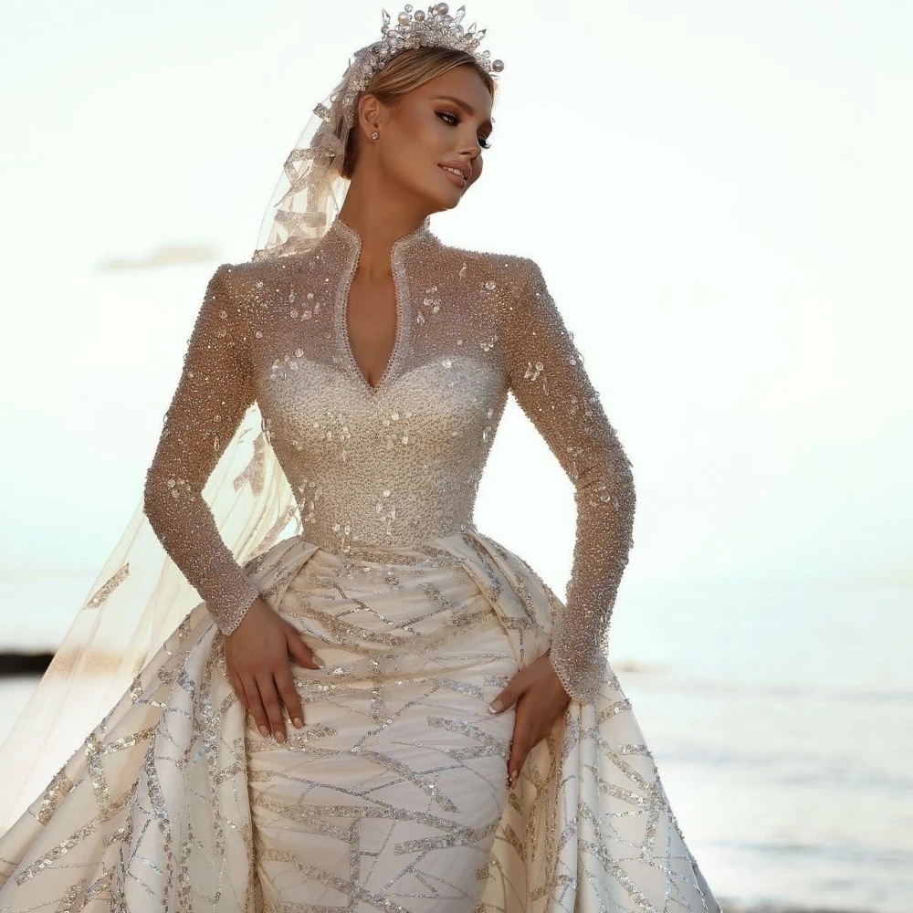 Glamorous Crystal Mermaid Wedding Dresses High Neck Bridal Gowns Sheer Long Sleeve Custom Made Sweep Train Bride Dress Vestidos De Novia 0219