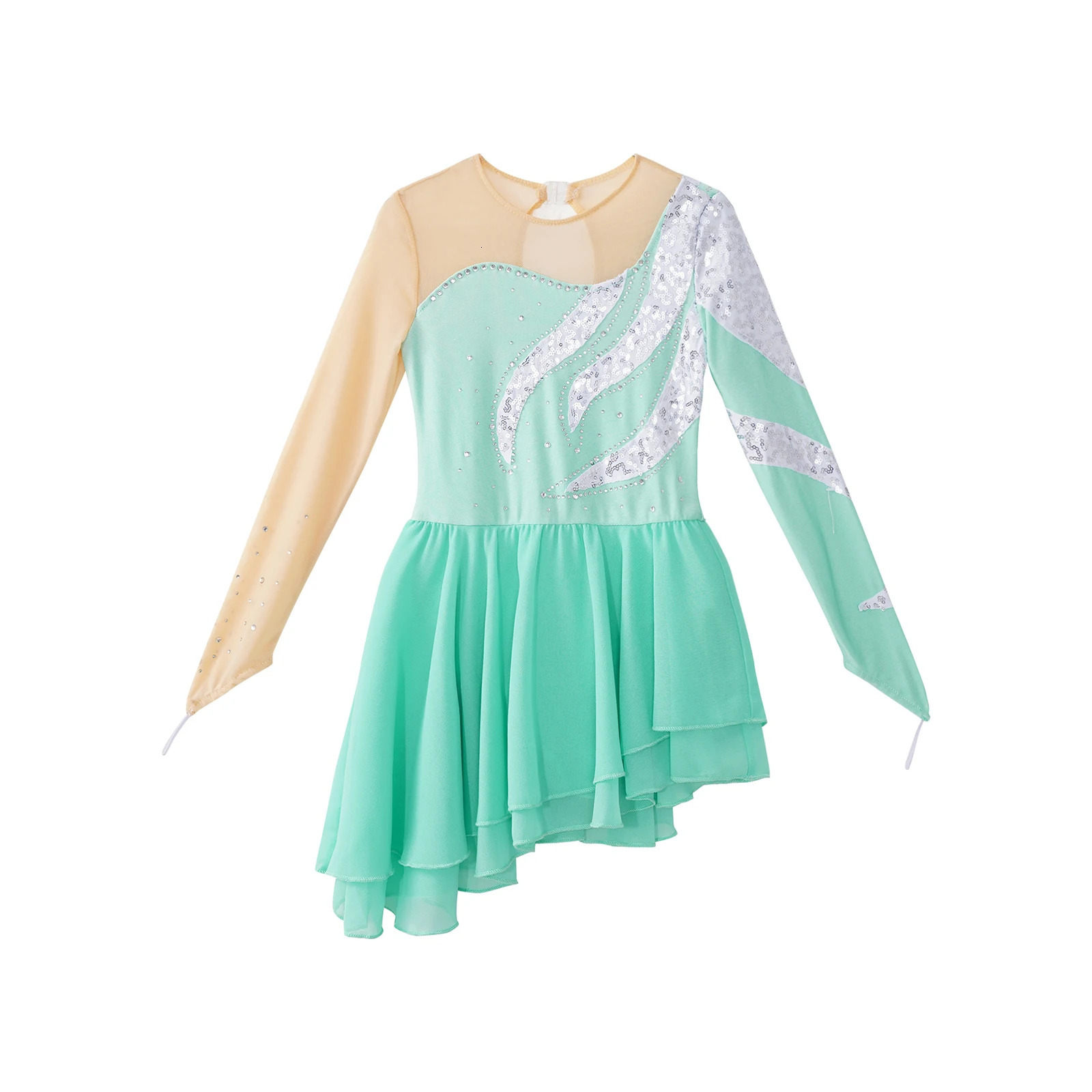Kids Girls Figure Ice Skating Dress Long Sleeve Floral Sequin Tutu Ballet Gymnastics Leotards Stage Performance Costume 240420