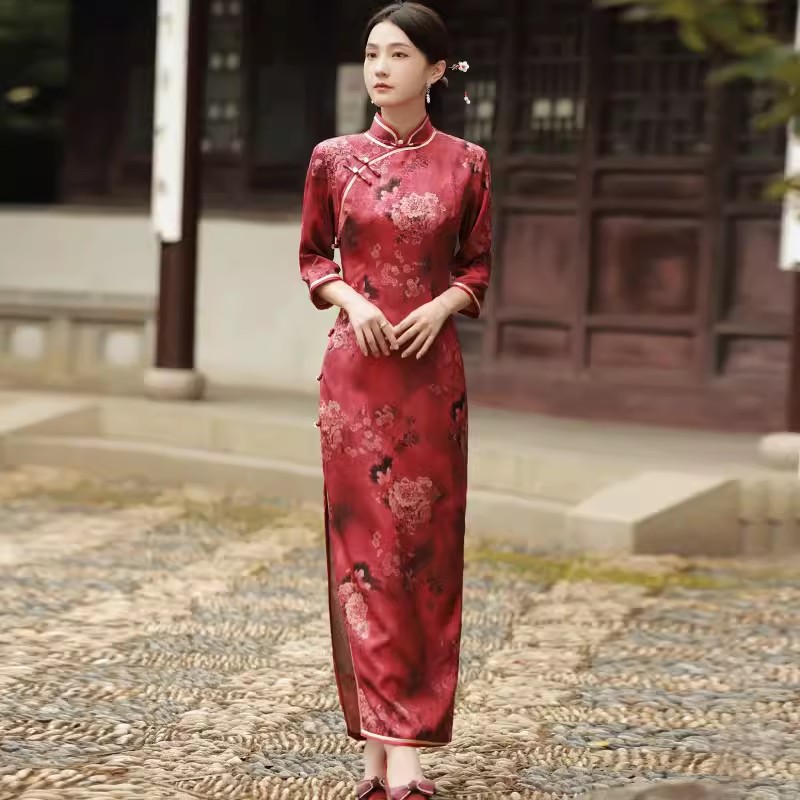 Trational Cheongsam Maxi Dress Sexy Long Split Chinese Qipao Slim Evening Party Dress
