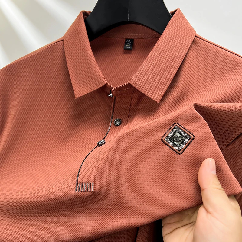 Summer Mens Soft Ice Silk Breathable Short Sleeved Tshirt Lapel Embroidered Fashion Korean Leisure POLO Shirt Clothing 240428