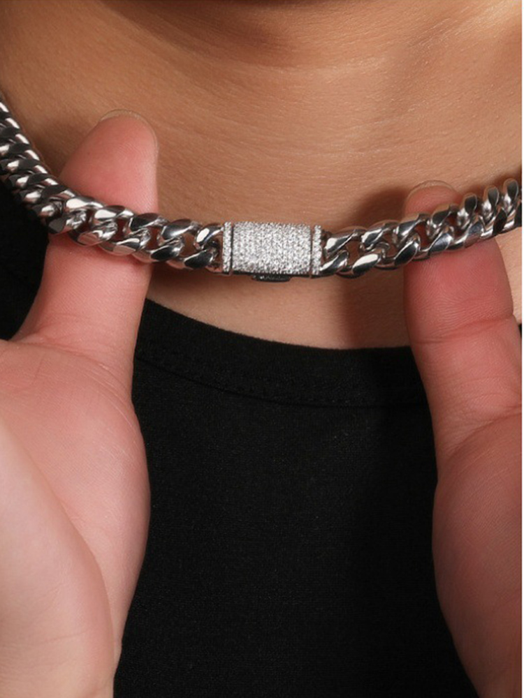 8-12mm Hip Hop Stainless Steel Miami Cuban Chain Bracelet Zircon Clasp Mens Necklace Jewelry