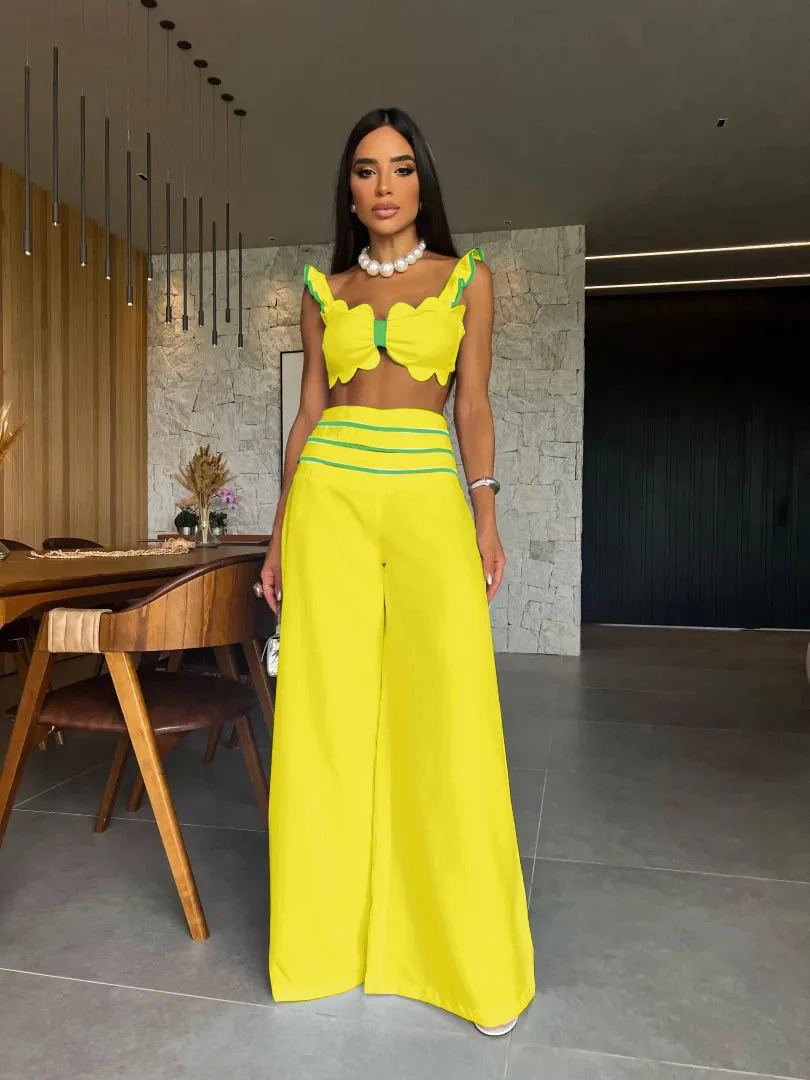 Two Piece Set With Pants Summer Elegant Solid Women Deep V Square Collar Sexy Short Top Wide Leg Pants Suit Office Lady Clothing 240506