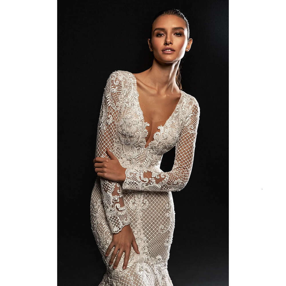 Dresses Wedding V Neck Long Sleeves Mermaid Gorgeous Whole Body Lace Applicants Zipper Chapel Custom Made Plus Size Bridal Gown Vestidos De Novia