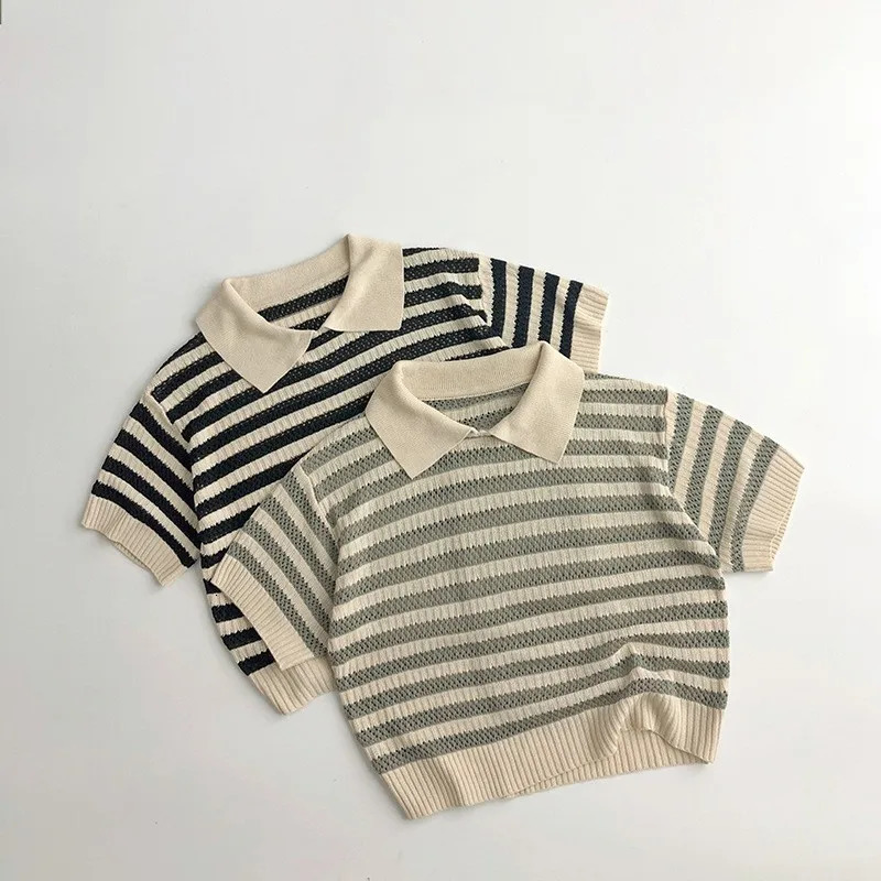 Spring Autumn Children Knitting Hollow Out Polo Shirt Girl Baby Loose Short Sleeve Pullover Tops Boy Kid Casual Striped Tees 240506