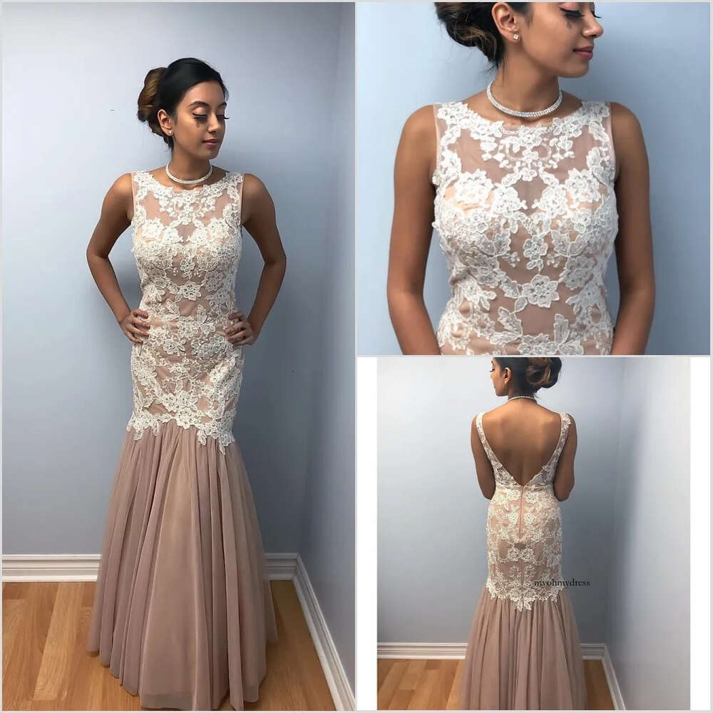 Modest Customized Mermaid Sleeveless Prom Dresses Jewel Neck Evening Dress Tulle Applique Floor Length Backless Formal Party Bridesmaid Gown 0431