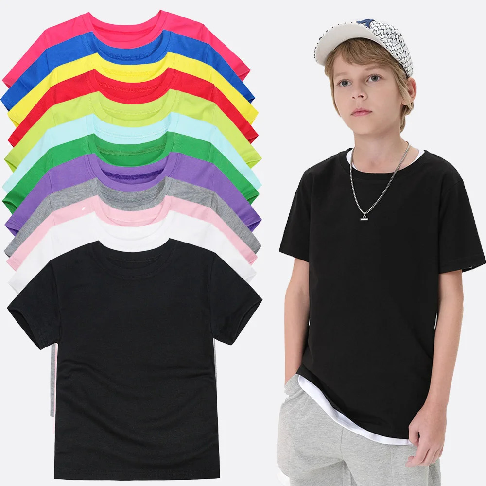 114Y Kids Solid Color Sweat Absorption Short Sleeve TShirt for Boys Girl Classic Black White Cotton Comfort Tops 240416