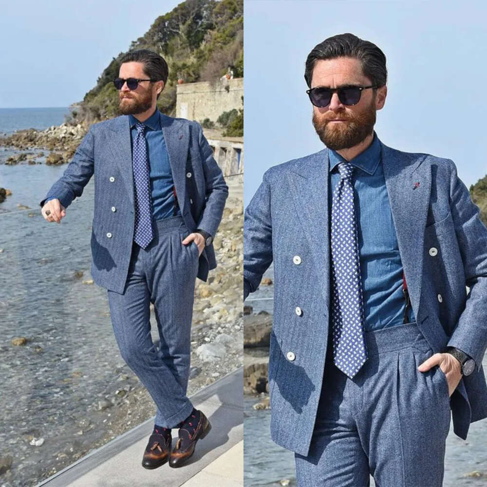 Wedding Suits Tuxedos Pieces Pattern Men Two Herringbone Classical Formal Suit Jacket Double Breasted Customized Peaked Lapel Pockets Bridegroom Coat 
