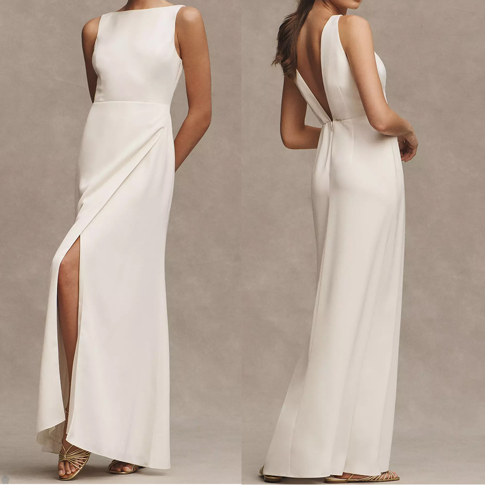 Pure White Column Prom Dresses Jewel Sleeveless Floor Length Sexy Backless Modern Front Split Celebrity Evening Dresses Plus Size Custom Made B5004