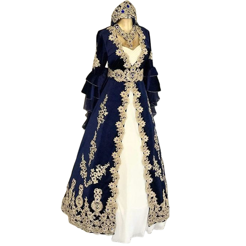 Traditional Turkish Evening Dresses With Bell Long Sleeves Floor Length A Line Formal Occasion Gowns 2024 Elegant Navy And White Arabic Muslim Prom Dr