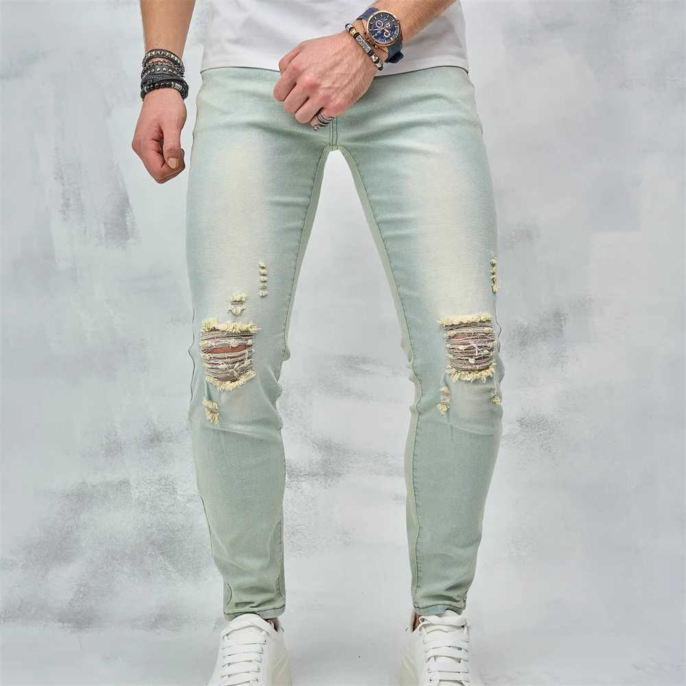 Men's Jeans Vintage Blue Simple Solid Holes Skinny Men Jeans Trousers Stylish Ripped Stretch Male Cotton Casual Denim Pants Y240507