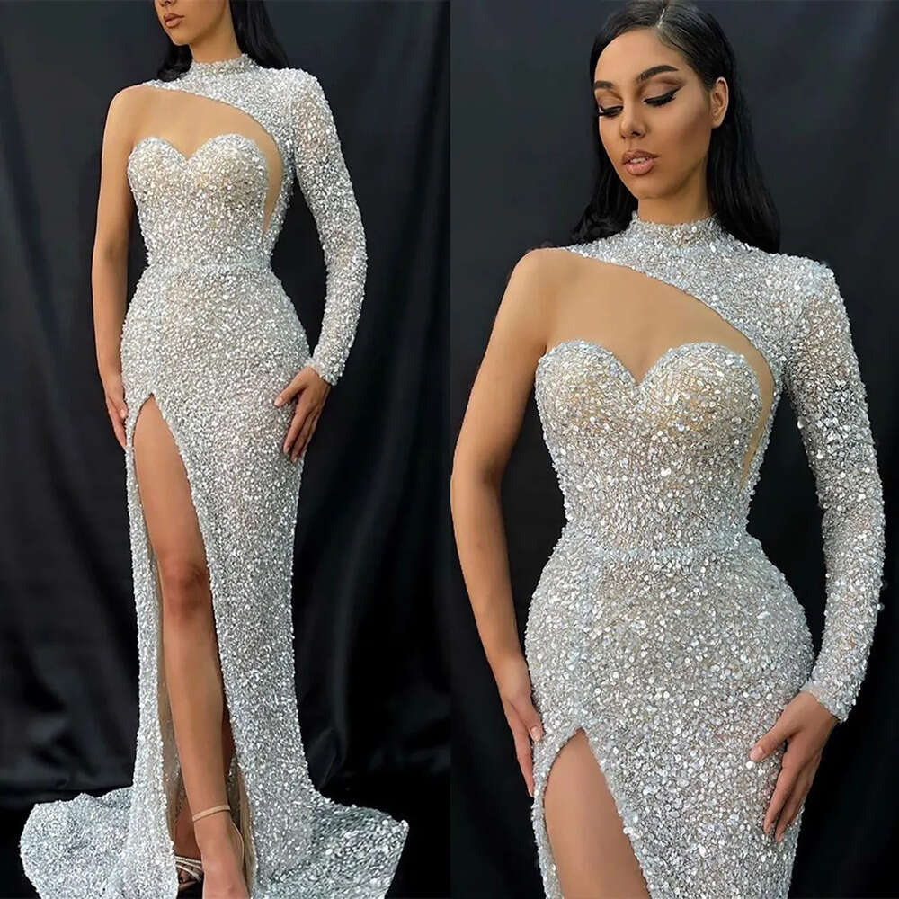 Dresses Jewel One Shoulder Prom Shining Mermaid Illusion Sequined Side Split Backless Zipper Court Gown Custom Made Plus Size Party Dress Vestido De N