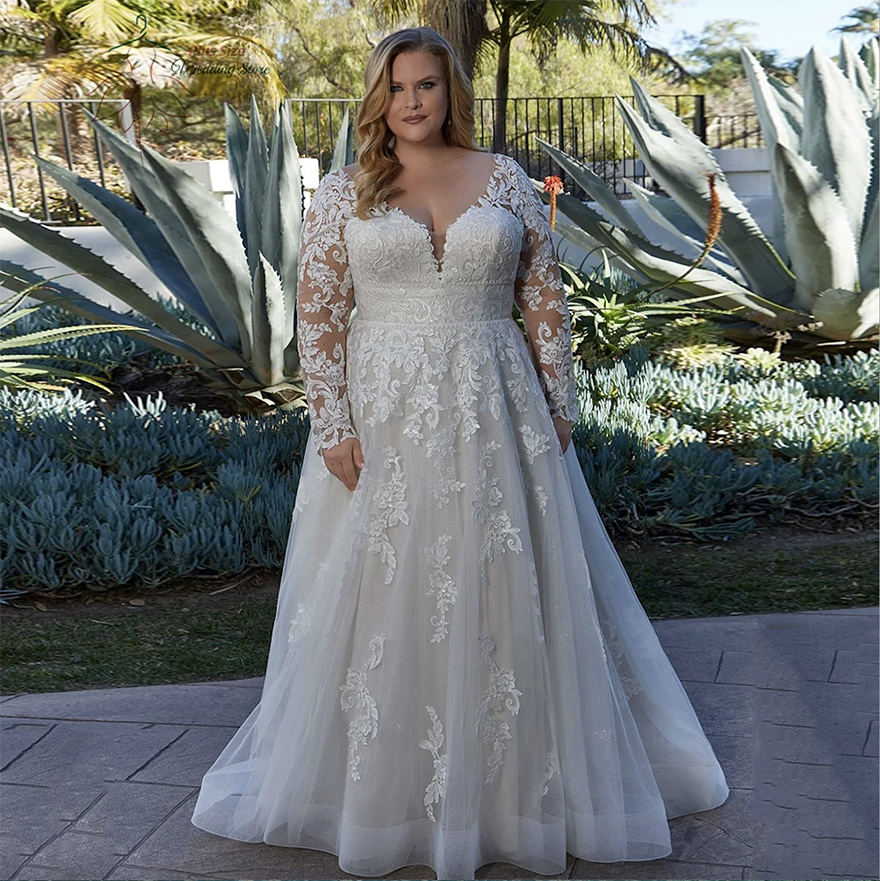Classic V Neck Wedding Dresses Plus Size Long Sleeves Bride Gowns Appliques Backless Sweep Train A-Line Tulle Vestido De Novia