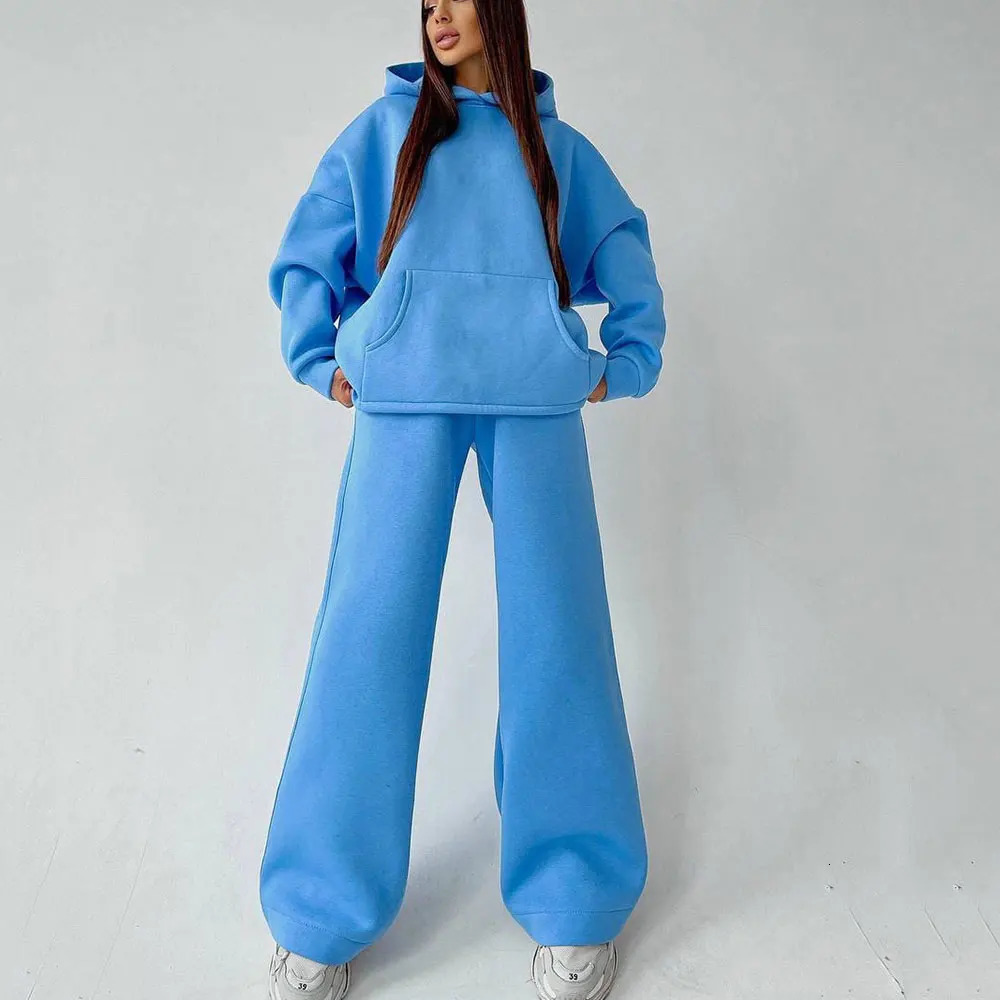 Women Sweatpants and Hoodie Set Oversized Tracksuit Two Pieces Hooded Pullover Wide Leg Trousers Suit Outfits 240419
