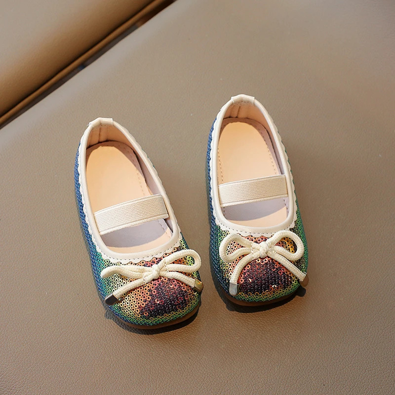 Girls Flat Shoes Sequins Bowknot Elastic Band Four Seasons Children Princess Shoe Square Toe 21-35 Six Colors Lovely Kids Shoe 240506