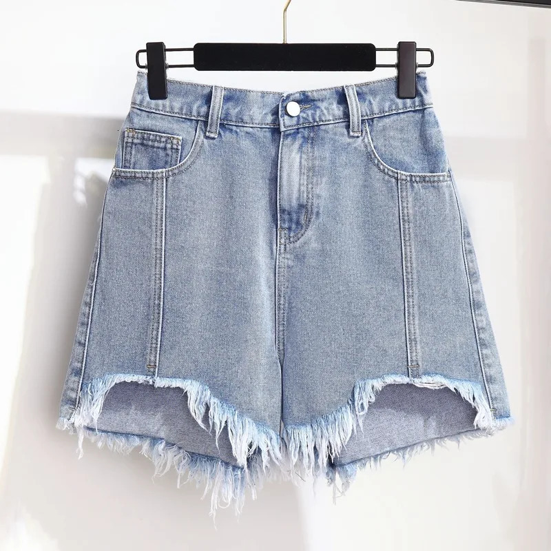 Women Plus Size Jean Shorts Frayed Raw Hemline Ripped Denim Short Jeans High Waist Cute Distressed ouc1528 240420