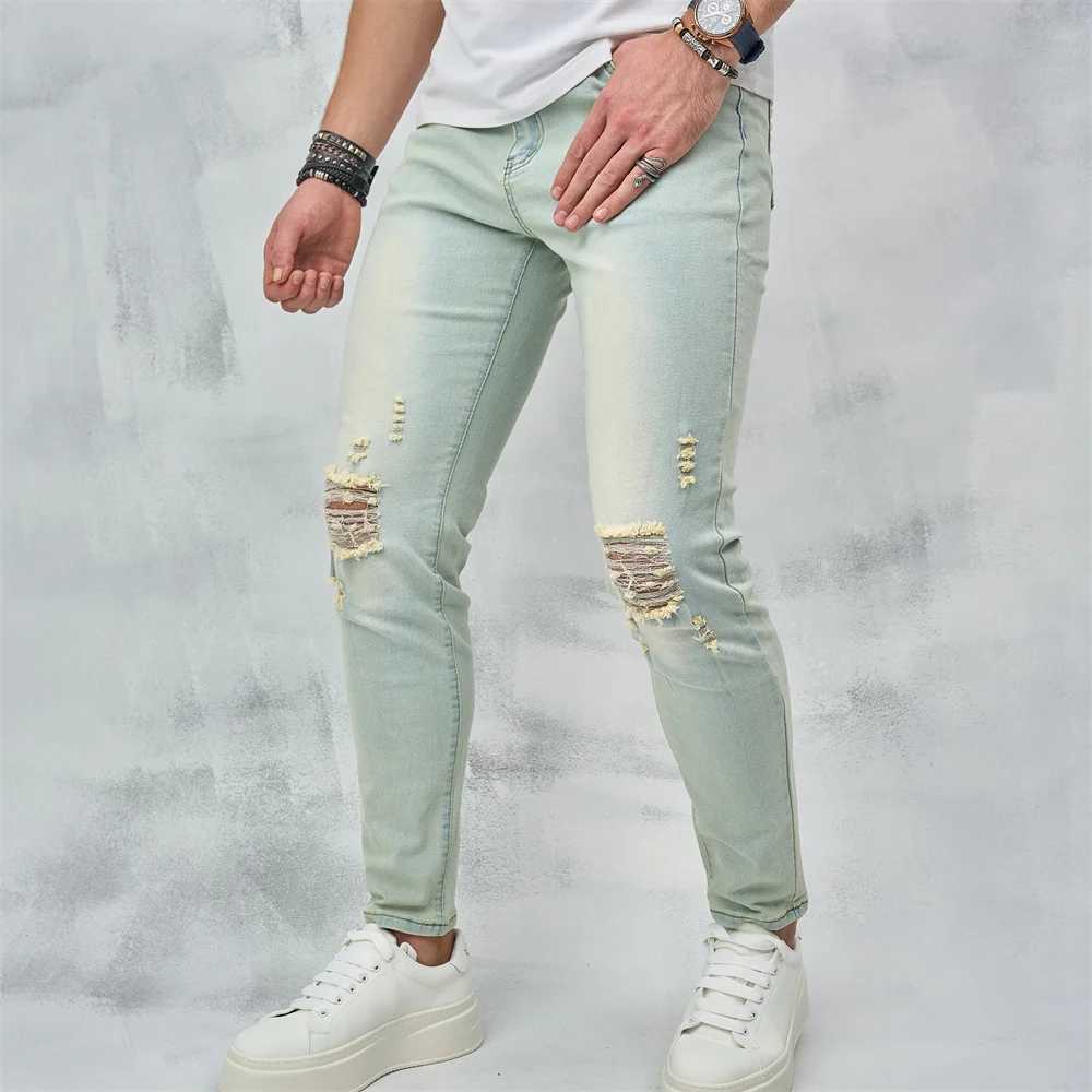 Men's Jeans Vintage Blue Simple Solid Holes Skinny Men Jeans Trousers Stylish Ripped Stretch Male Cotton Casual Denim Pants Y240507