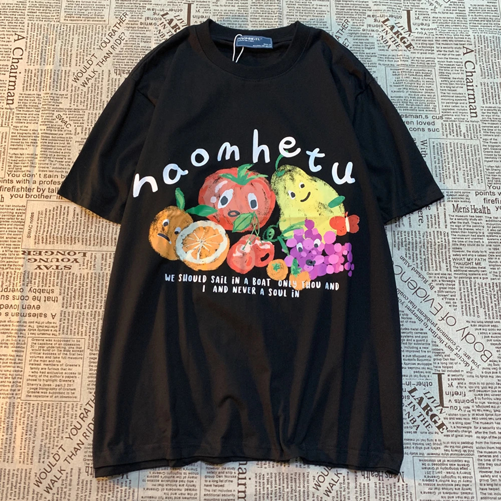 American Retro Fruit Print Round Neck Short Sleeved Tshirt For Women And Men Trendy Loose Versatile Couple Half Tee 240420