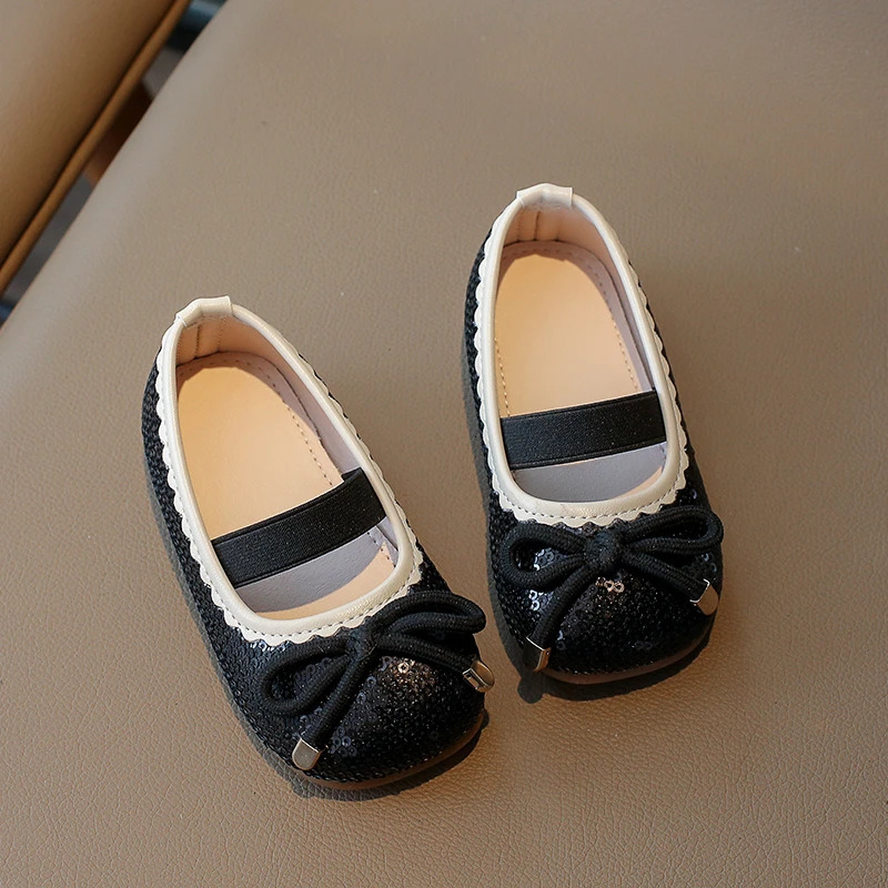 Girls Flat Shoes Sequins Bowknot Elastic Band Four Seasons Children Princess Shoe Square Toe 21-35 Six Colors Lovely Kids Shoe 240506