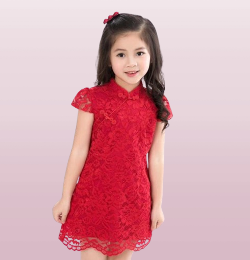 New arrival summer chinese style dress traditional red lace cheongsam qipao sleeves dress for girls kids princess dresses