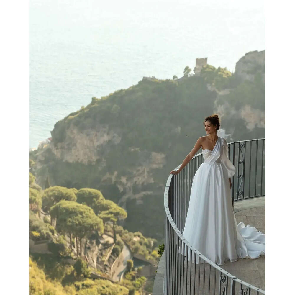 Made Elegant Mermaid One-Shoulder Custom Bridal Gowns Applique Race Or-Length Wedding Dresses Court Train Satin Ruched Tulle Beach Vestido De Noiva 09