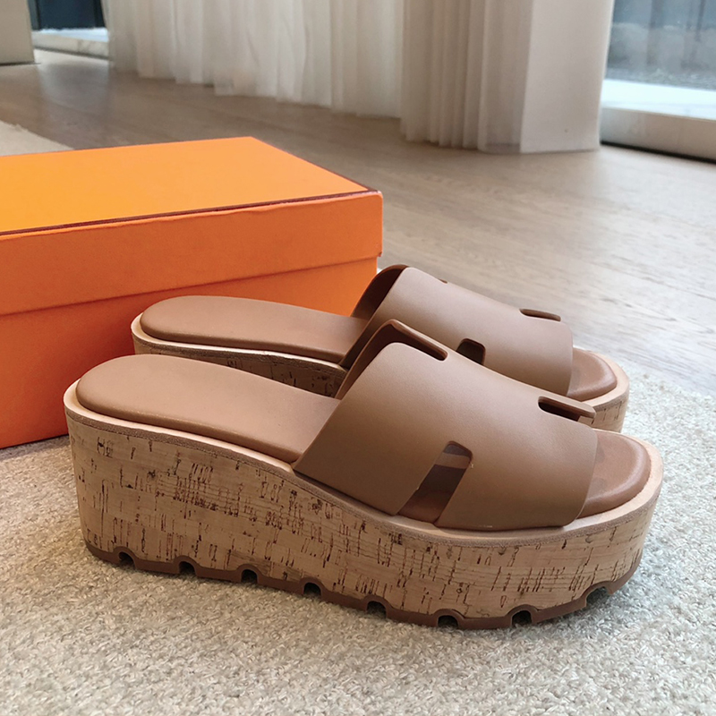 Designer Shoes Thick soles High Slippers Slides Flat open-toe Genuine Leather women's luxury Brand factory footwear with box