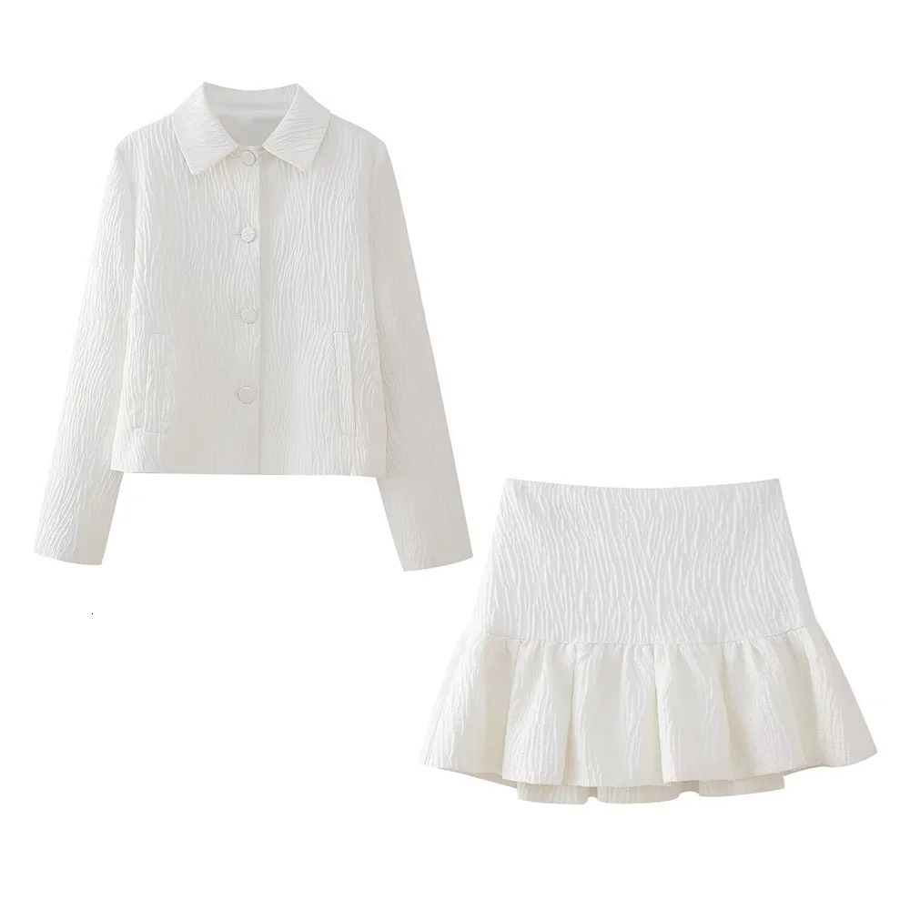 PB ZA Spring Womens Fashion and Elegance Versatile Long sleeved Short Suit Coat Mini Fluffy Skirt Set 240423
