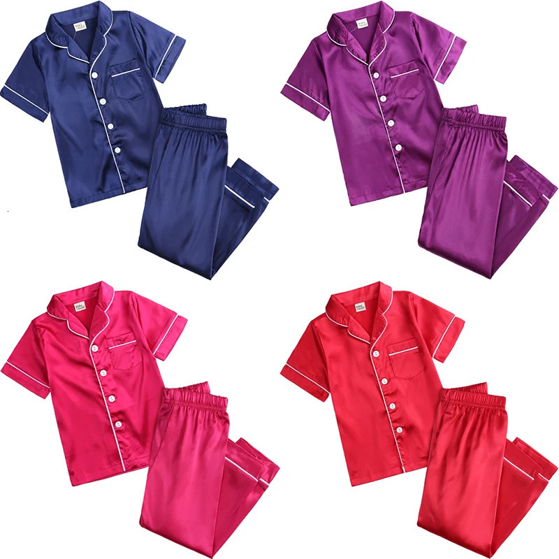 Summer Pajama Sets for Girls Silk Satin TopPant Long sleeve Solid Silky Pyjamas Nightgown Children Sleepwear for Boys Clothes 240506