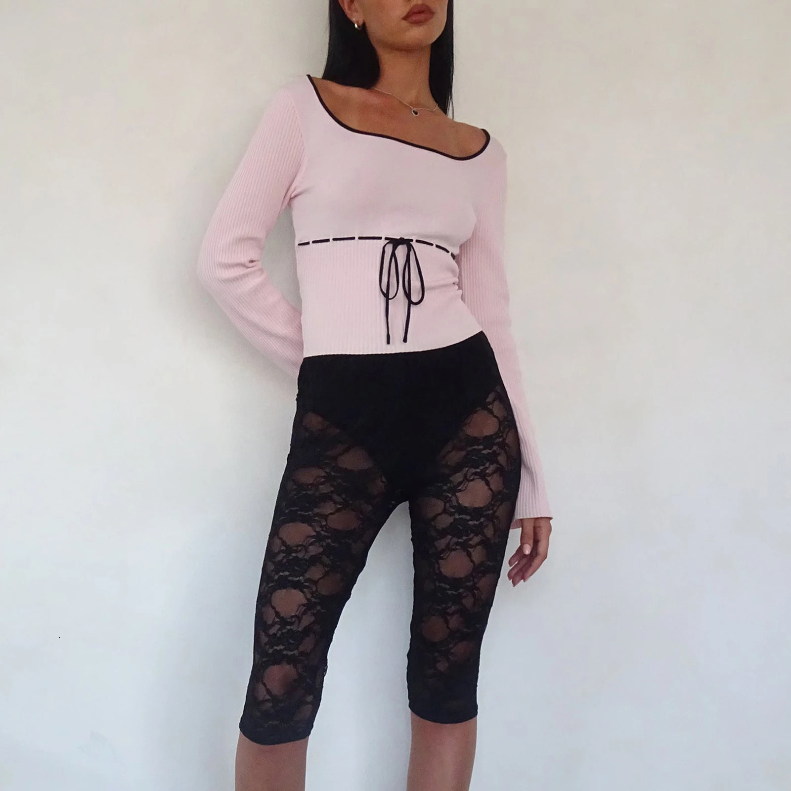 Gao Nuo Pink Knitted Crop Top Lace up Bow Square Neckline Full Set Knitted T-shirt 240426