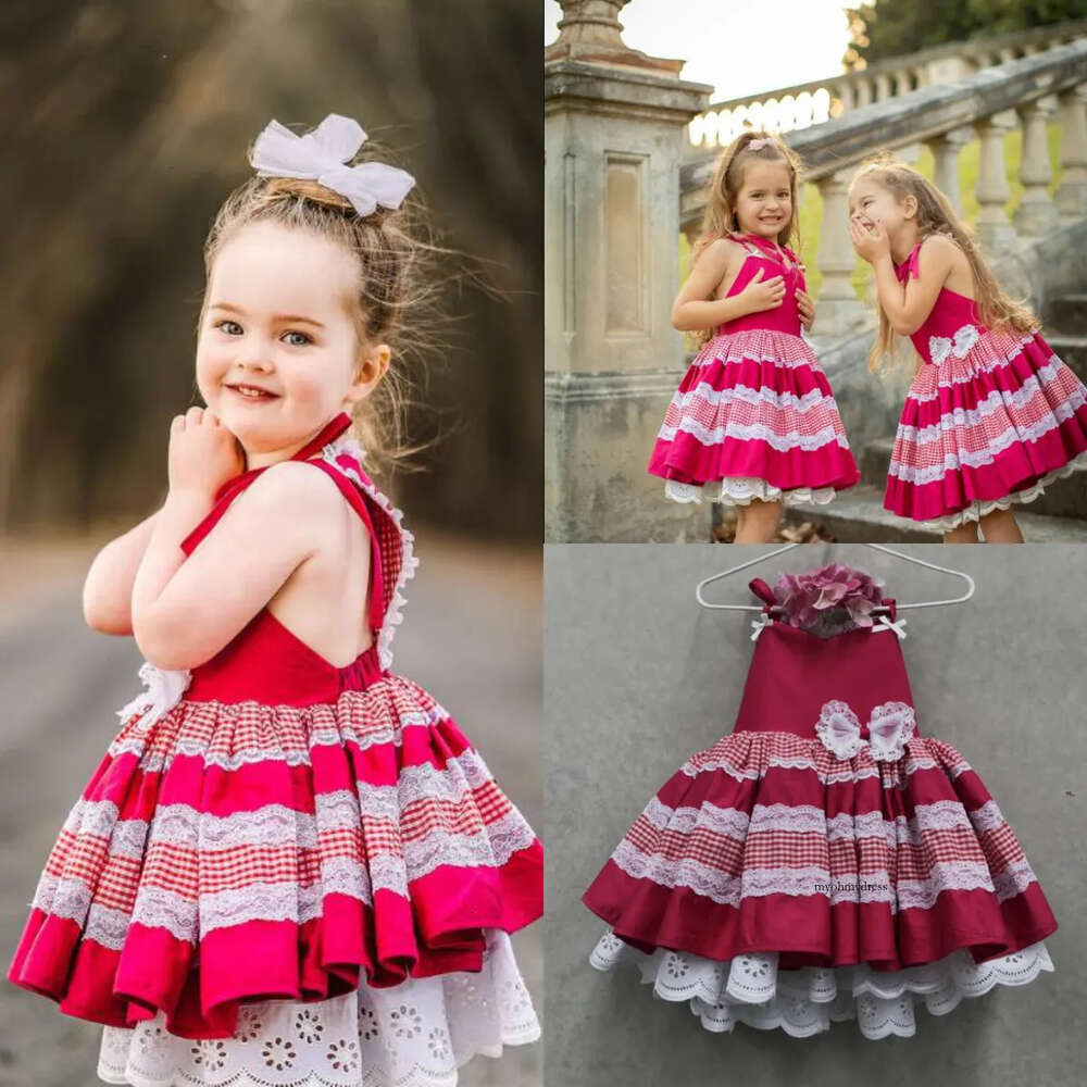 Pastoral Style 2020 Flower Dresses For Wedding Red Satin Lace A Line Kids Formal Wear Knee Length Multilayer Girls Pageant Dress 0431