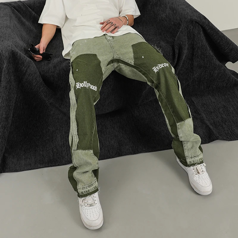 Vintage Distressed Graffiti Mens Flared Denim Jean Hip Hop Splash Ink Colorblocked Y2k Street Wear Casual Slim Fit Jean Man Pant 240428