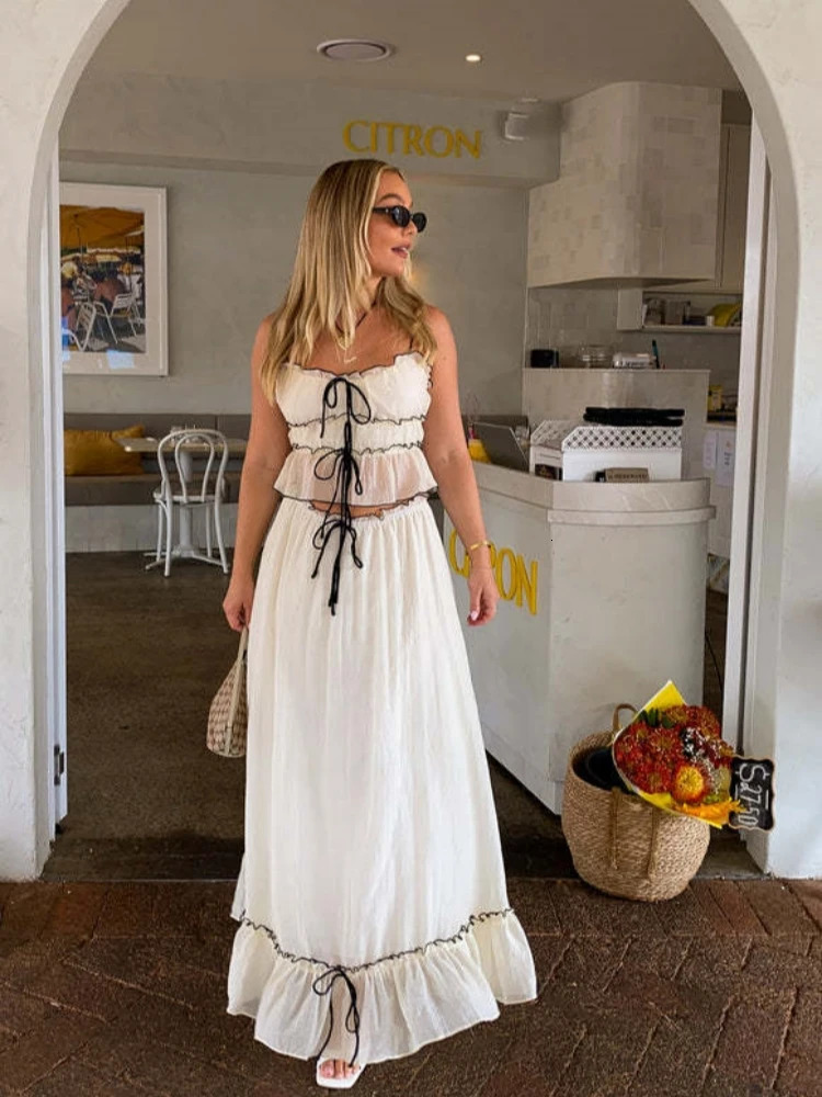 White Pleated Crop Tops Long Skirt Suit Women Chic Ruffles Lace Bandage Dress Set Summer Ladies Elegant 2 Piece Beach Outfit 240423