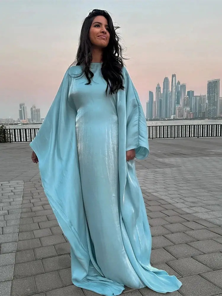 Batwing Butterfly Sleeve Satin Khimar Abaya Dubai Muslim Maxi Dress Kaftan Abayas For Women Ka Caftan Robe Femme Vestidos 240506