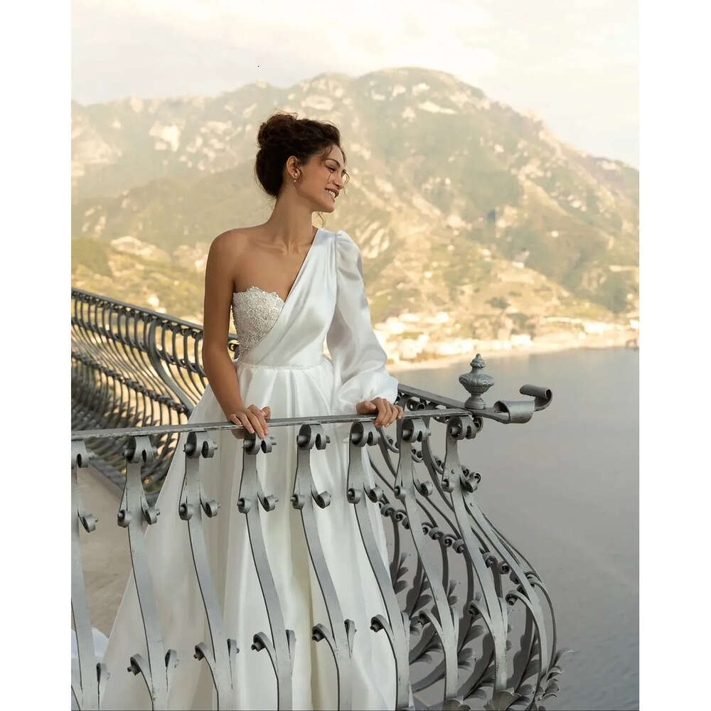 Made Elegant Mermaid One-Shoulder Custom Bridal Gowns Applique Race Or-Length Wedding Dresses Court Train Satin Ruched Tulle Beach Vestido De Noiva 09