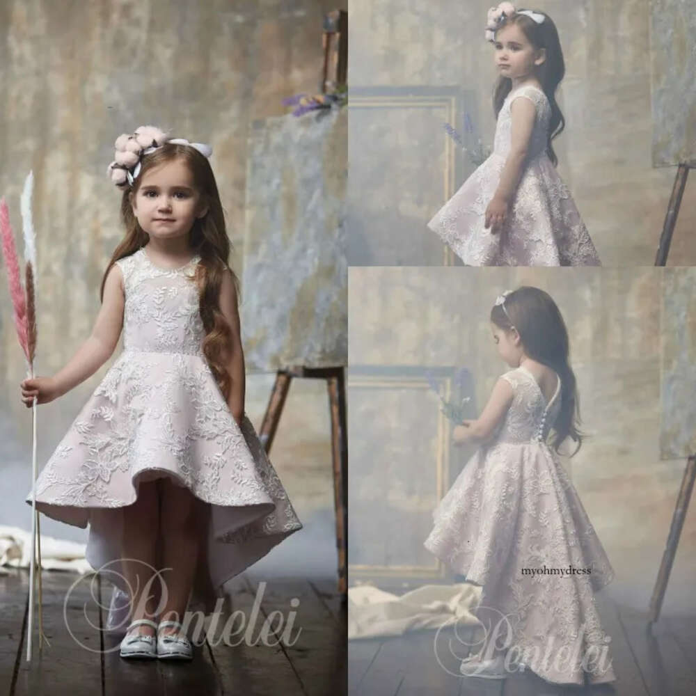 Lovely A Line Flower Girl Dresses Jewel Sleeveless Lace Applique Pageant Dress High Low Girl's Birthday Party 0431