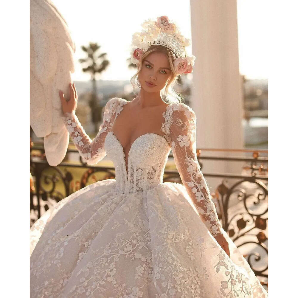 Dresse Ball Gown Sleeve Wedding Gorgeous Long Backless 3D Applique V Neck Or Length Lace Custom Made Pearl Vestidos De Novia Estidos