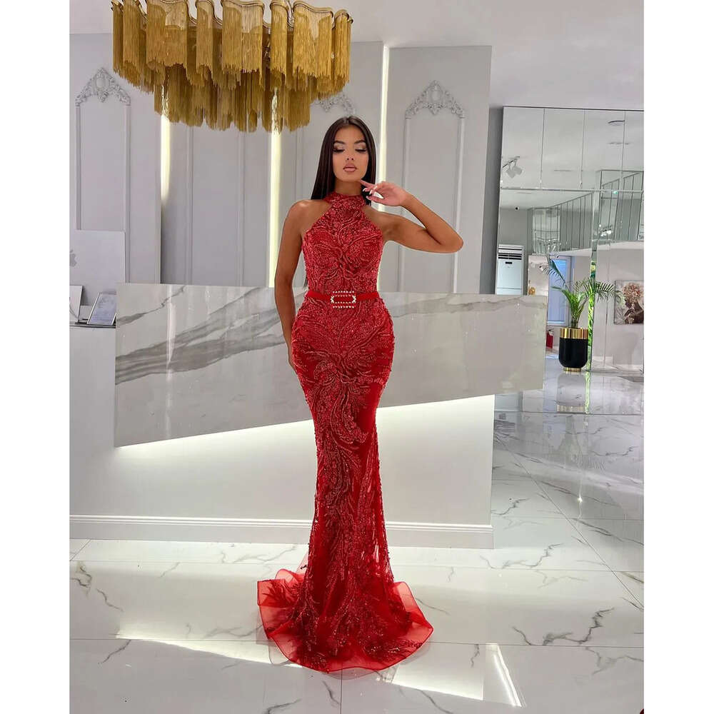 Sleeveless Classic Appliques Prom Dresses Jewel Mermaid Lace Tulle Ruffles Belt Or Length Zipper Plus Size Custom Made Party Dress Vestido De Noite