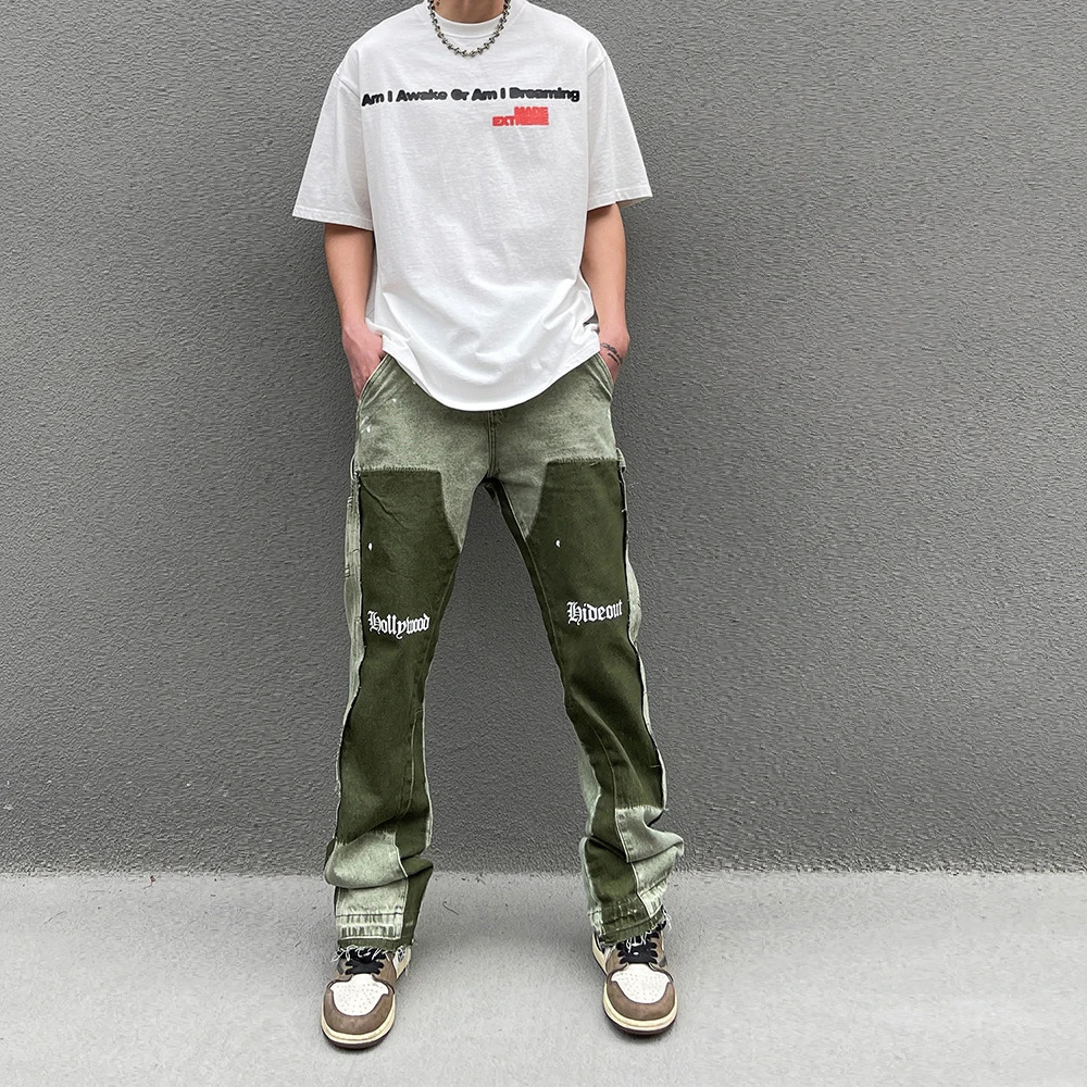 Vintage Distressed Graffiti Mens Flared Denim Jean Hip Hop Splash Ink Colorblocked Y2k Street Wear Casual Slim Fit Jean Man Pant 240428