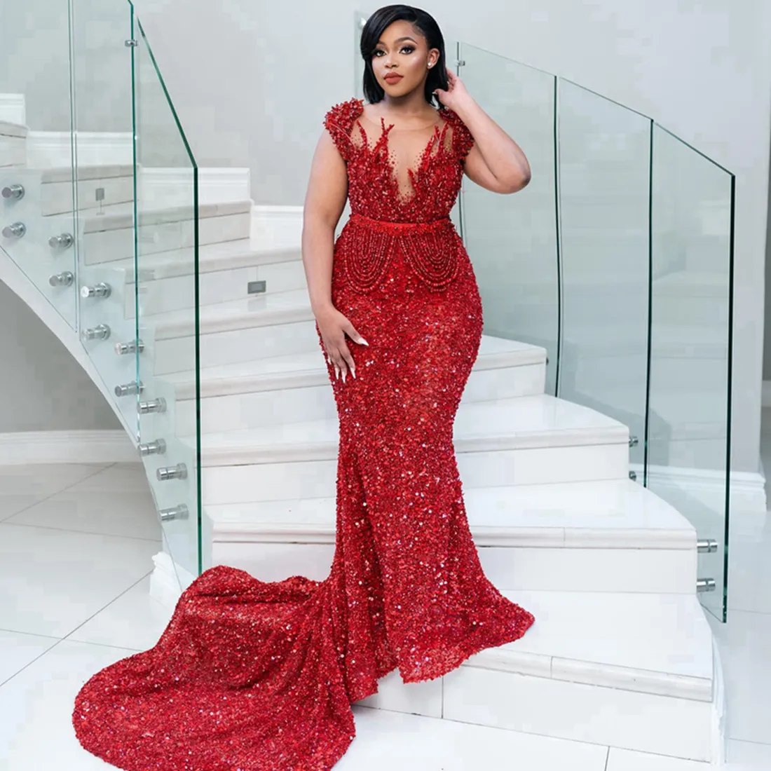 Plus Size Fulllace Aso Ebi Prom Special Ocns Mermaid Red Sheer Neck Sequined Lace Backless Formal Dress Evening Dresses for African Black Girl BC18788